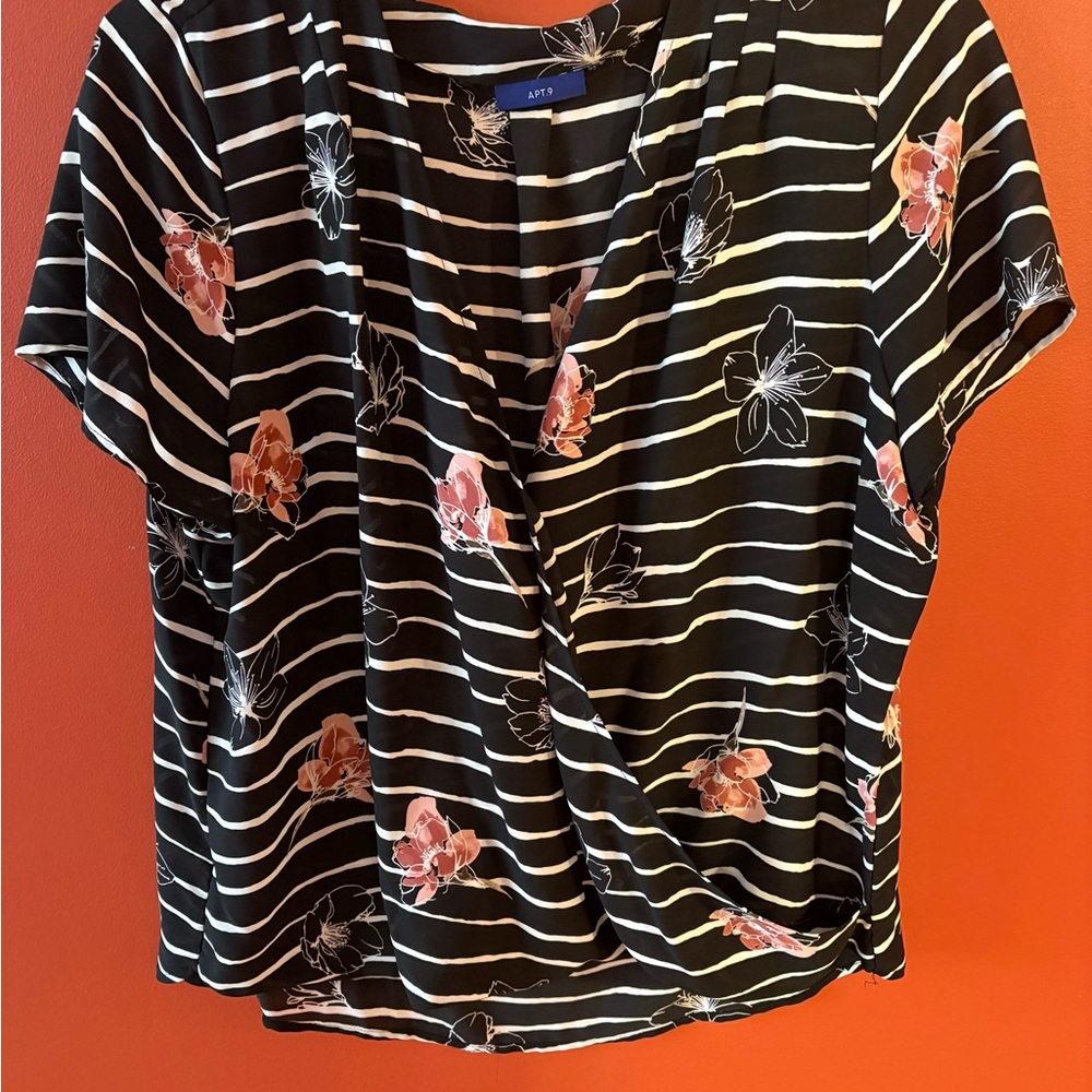 Apt. 9 Black and White Striped Floral Blouse